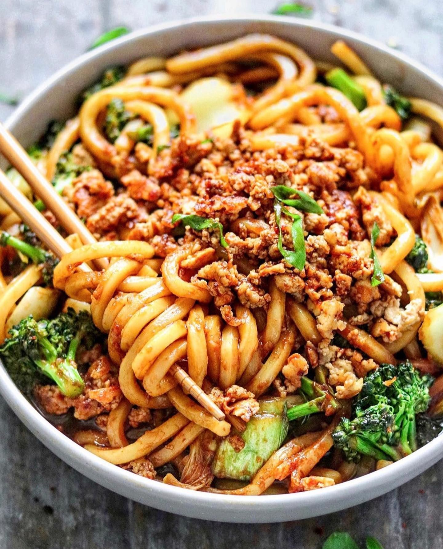 Saucy Udon Noodles with Crispy Tofu and Veggies