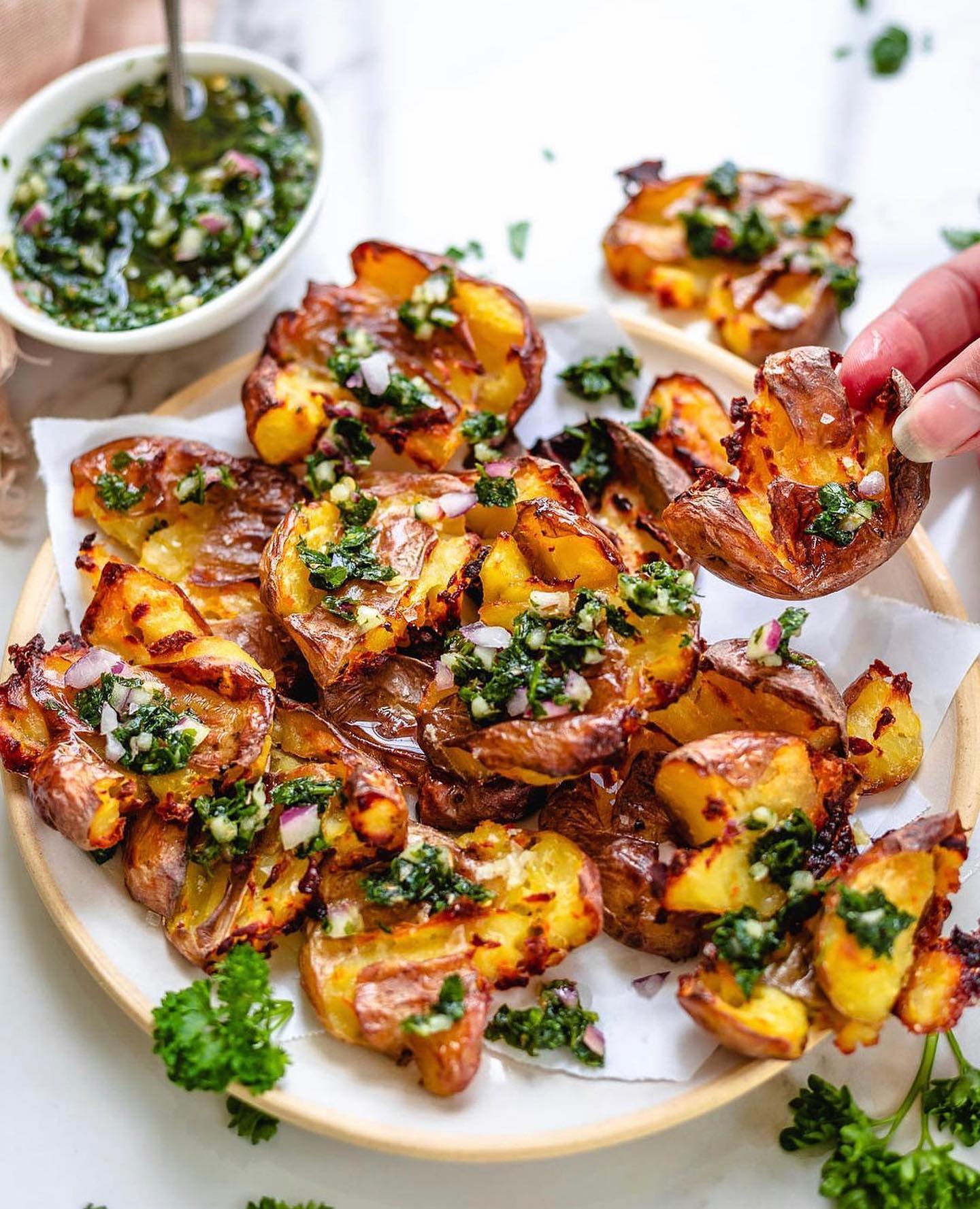 Crispy Smashed Potatoes with Chimichurri Sauce