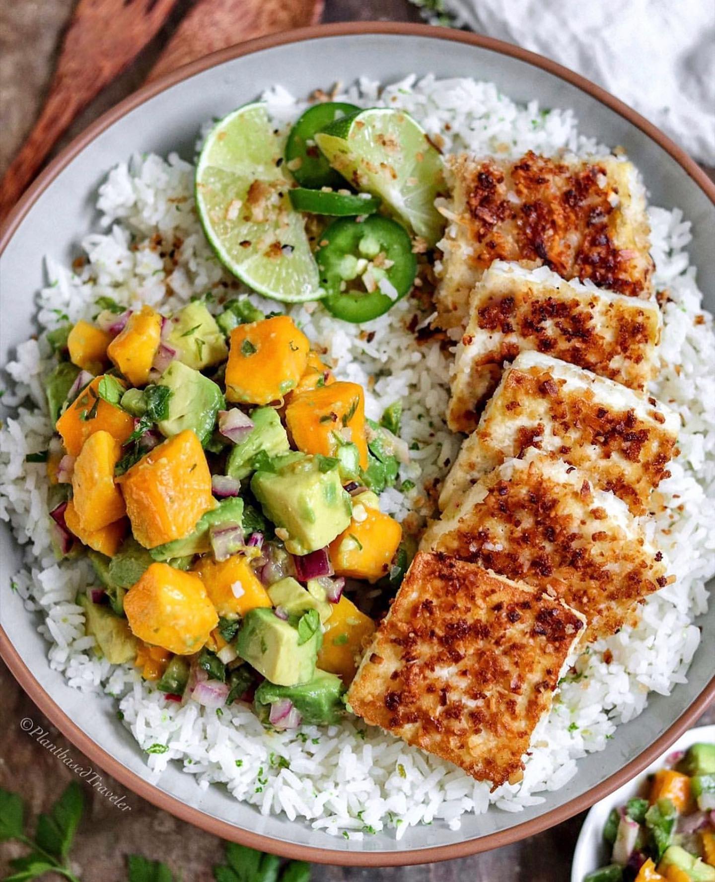 Coconut Panko Crusted Tofu with Mango Avocado Salad