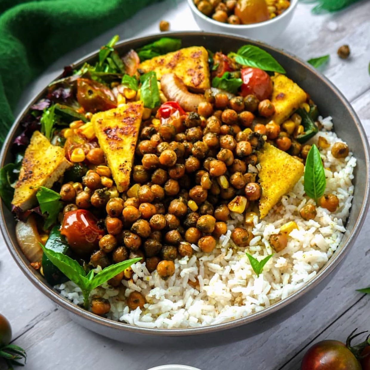 Vegan High Protein Rice Bowl with Tofu and Chickpeas