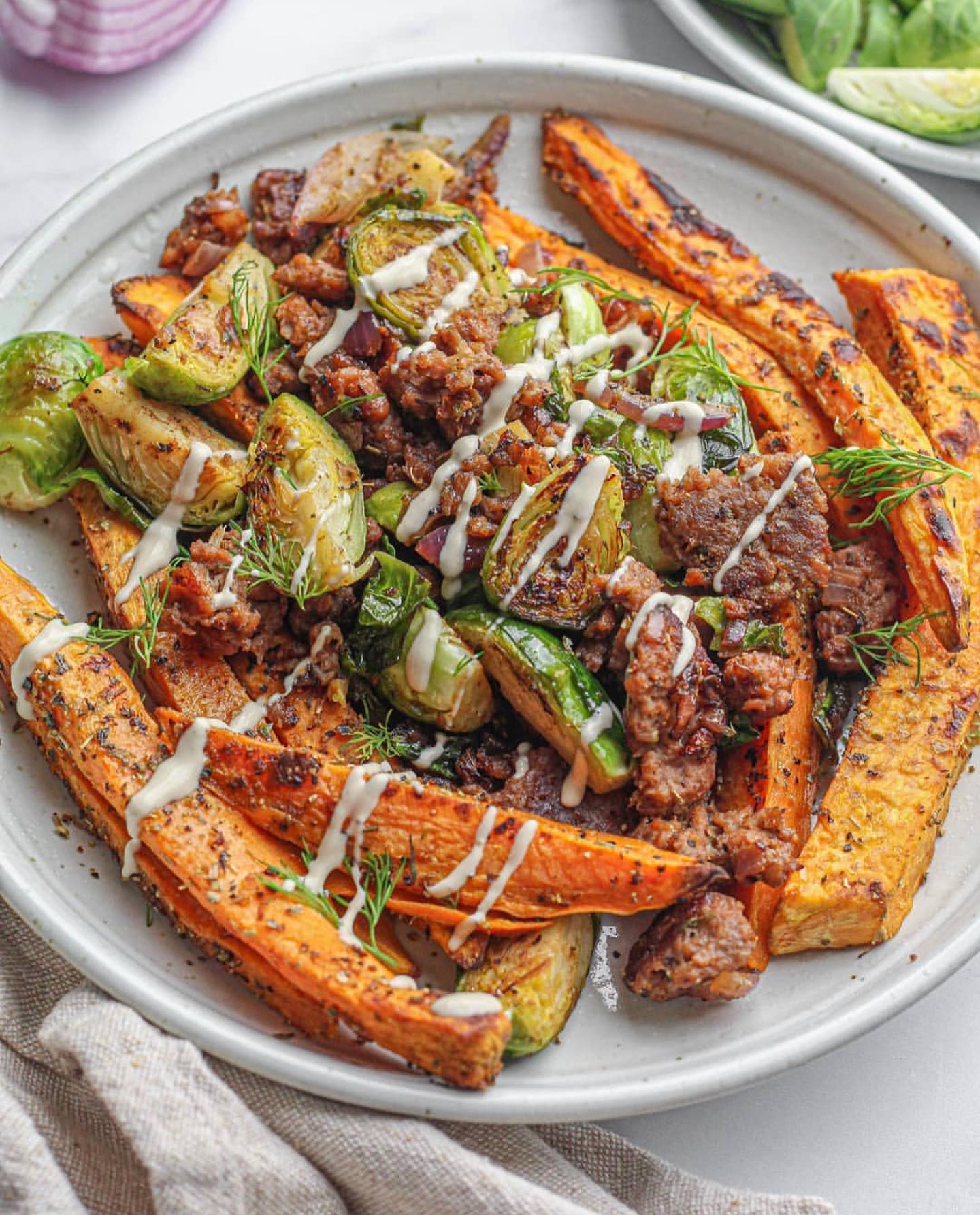 Vegan Beef and Brussels Sprout Skillet with Spiced Sweet Potatoes