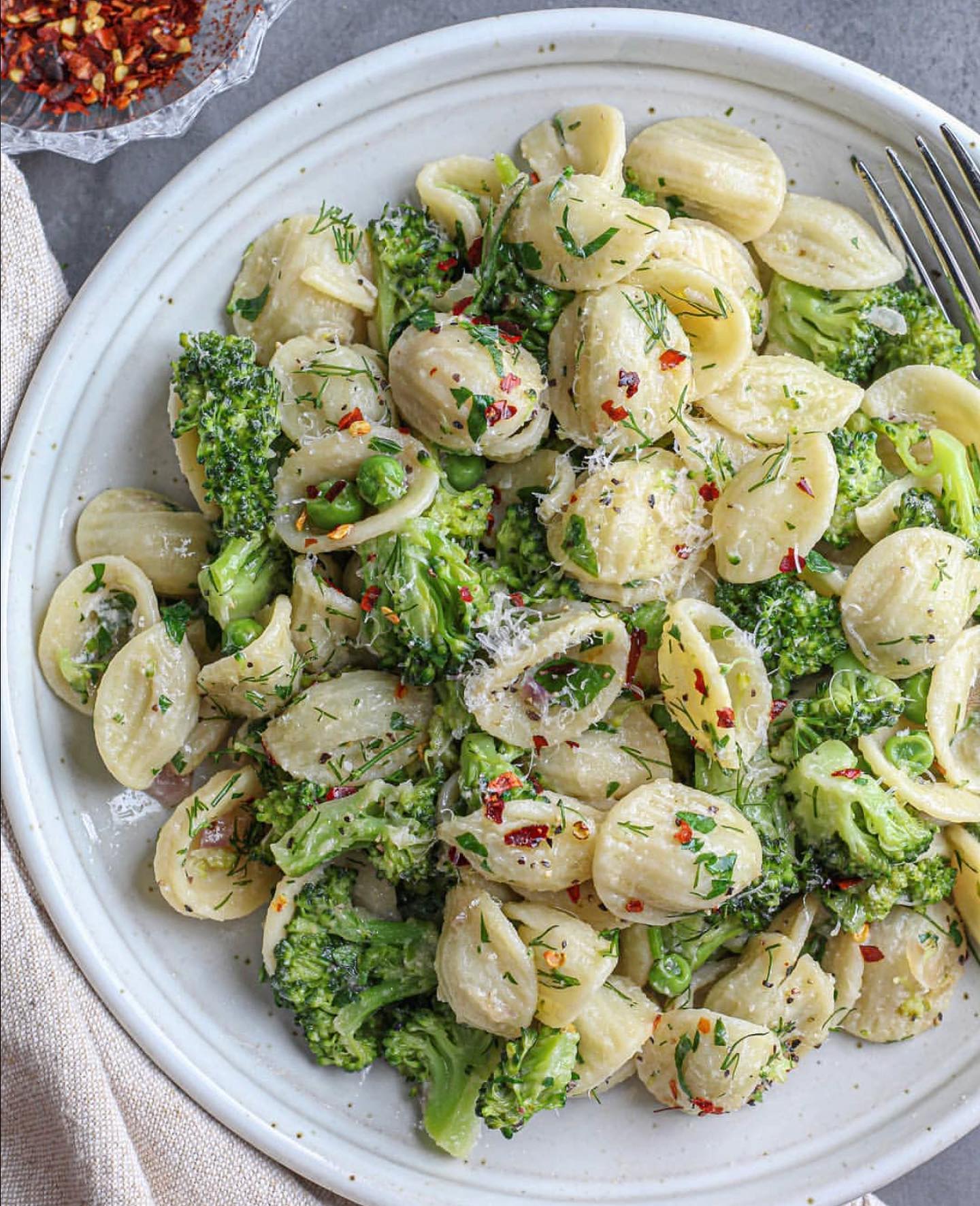 Creamy Orecchiette with Broccoli, Peas and Herbs