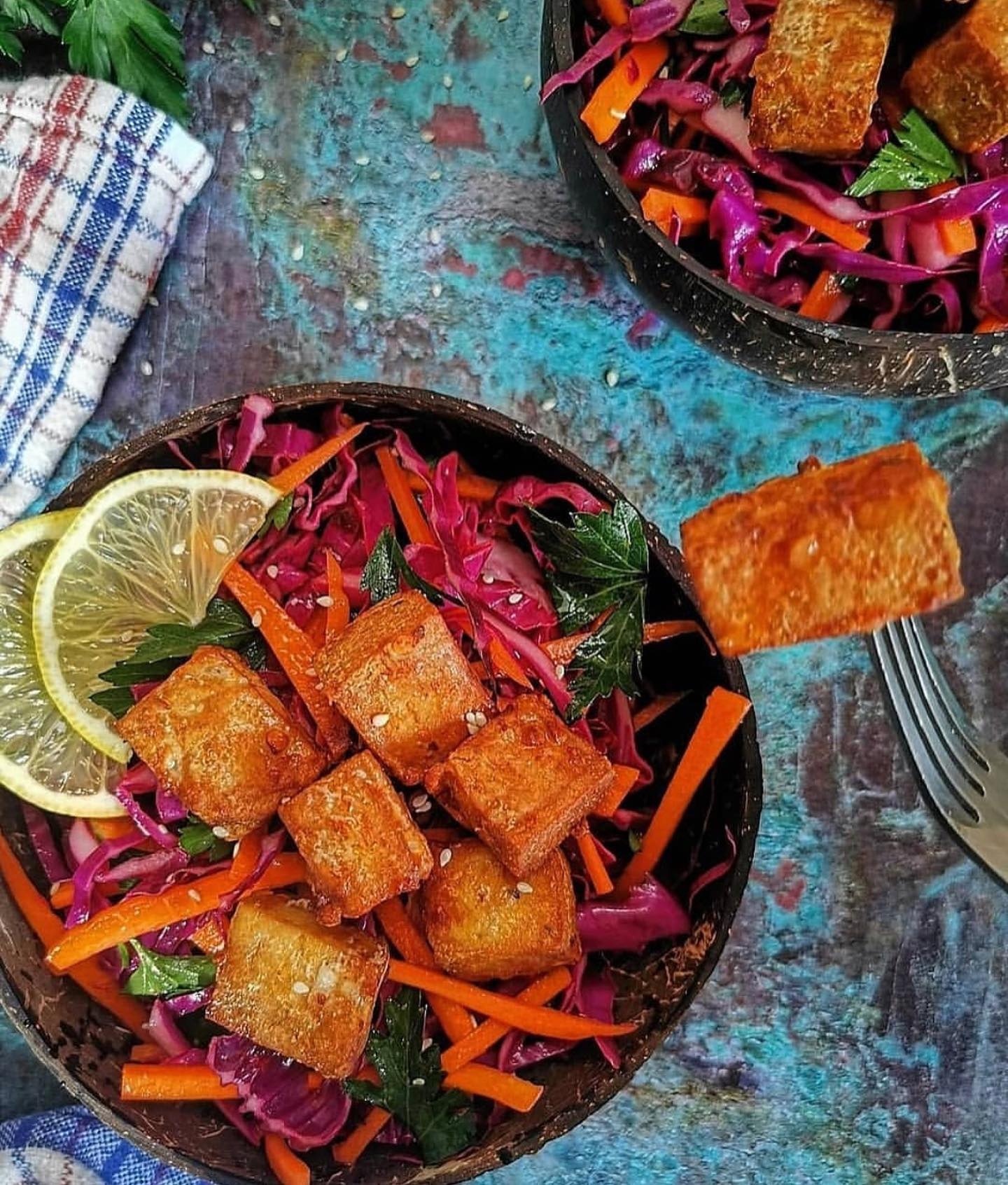 Raw Sesame Cabbage Salad with Crispy Tofu