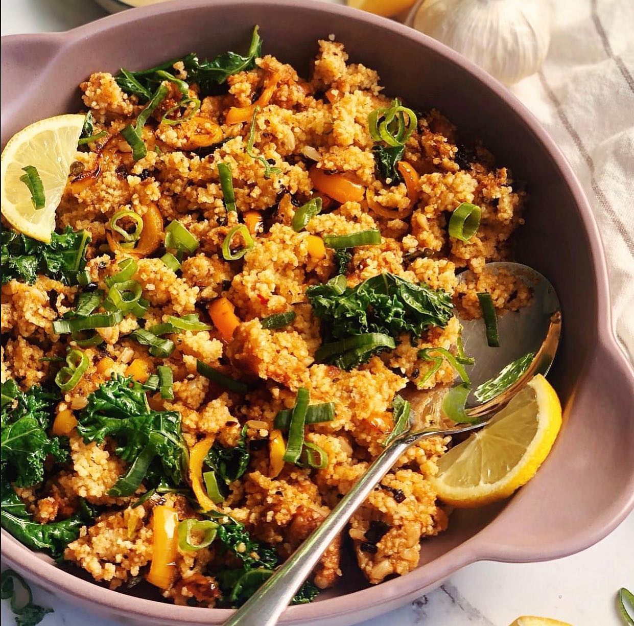 Vegan Sausage Couscous and Kale Dish