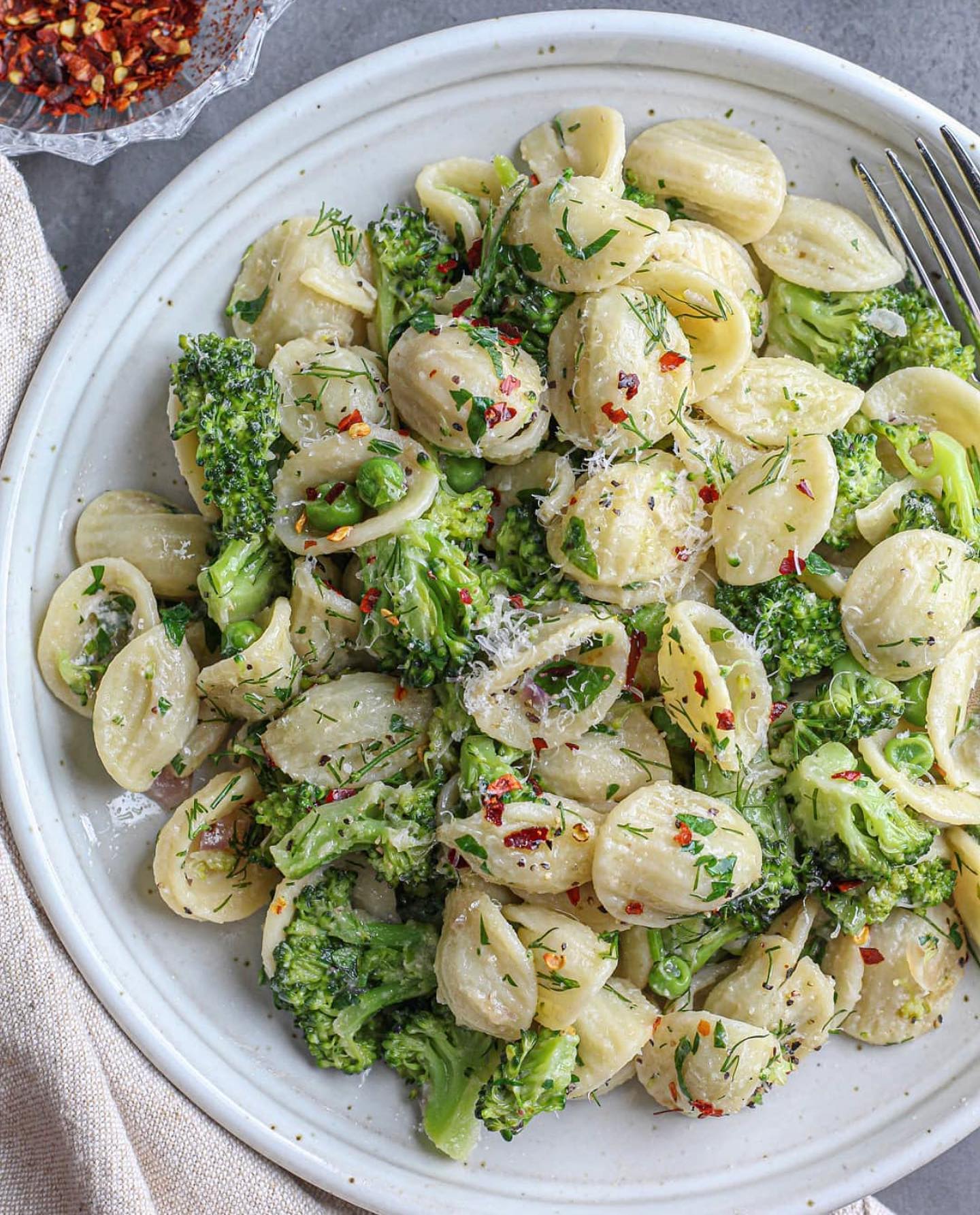 Creamy Orecchiette with Broccoli, Peas and Herbs