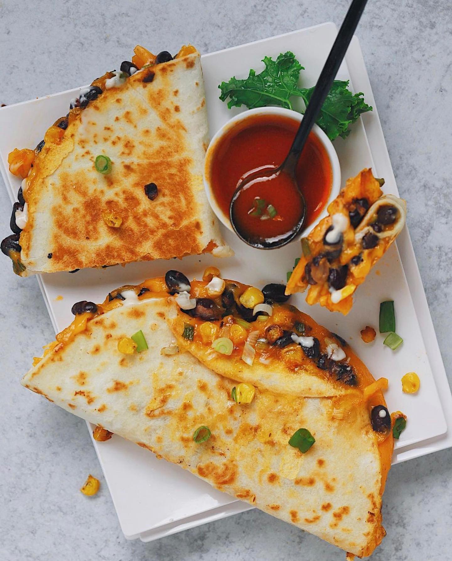 Buffalo Black Bean Roasted Veggie Quesadillas