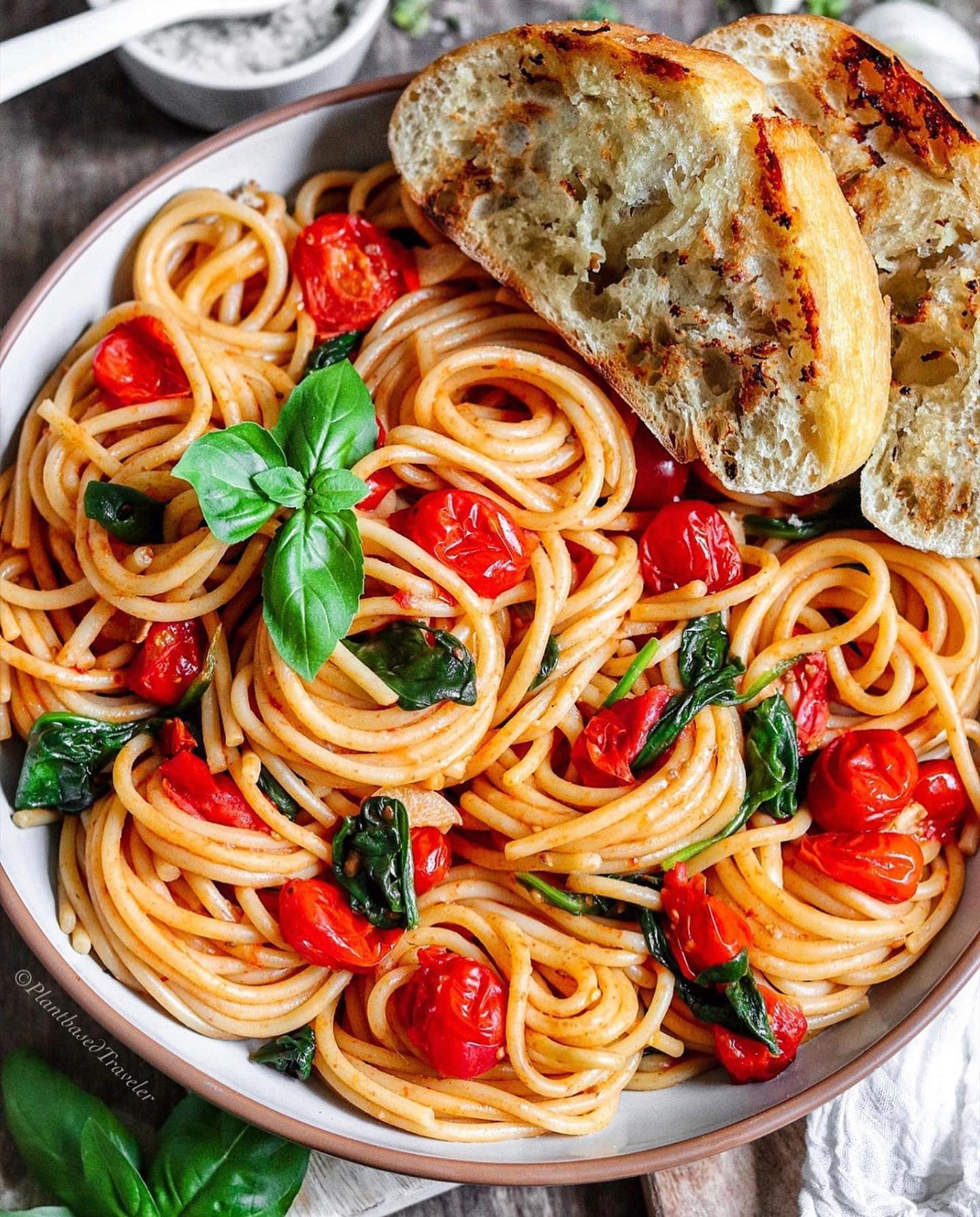 Spaghetti with Roasted Cherry Tomatoes, Garlic and Spinach