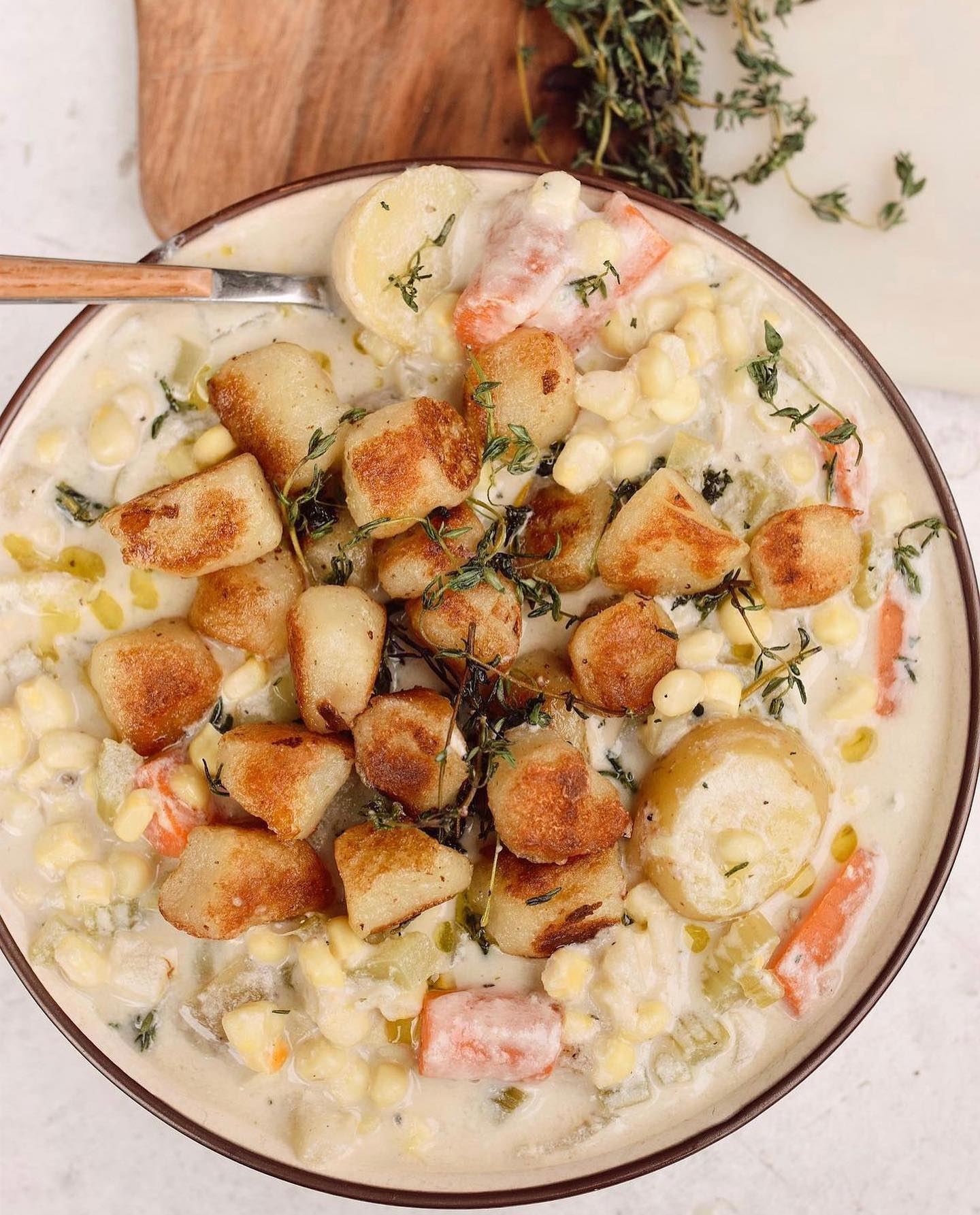 Creamy Vegan Corn Potato Chowder with Crispy Gnocchi