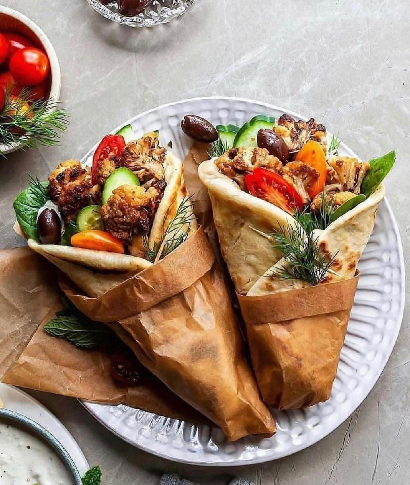 Roasted Cauliflower Gyros with Fresh Vegetables