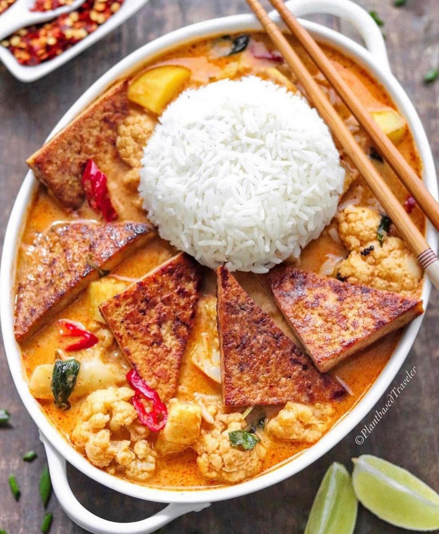 Red Cauliflower and Potato Curry with Crispy Tofu