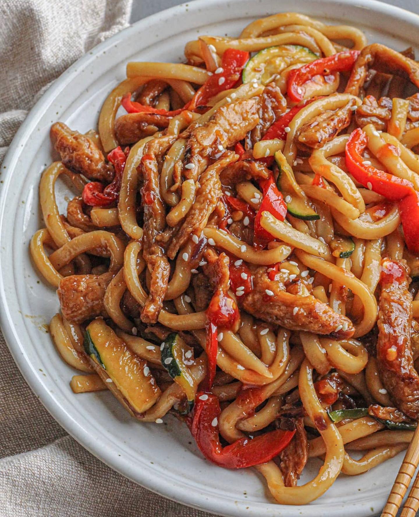 Udon Noodles with Vegetables and Soy Curls