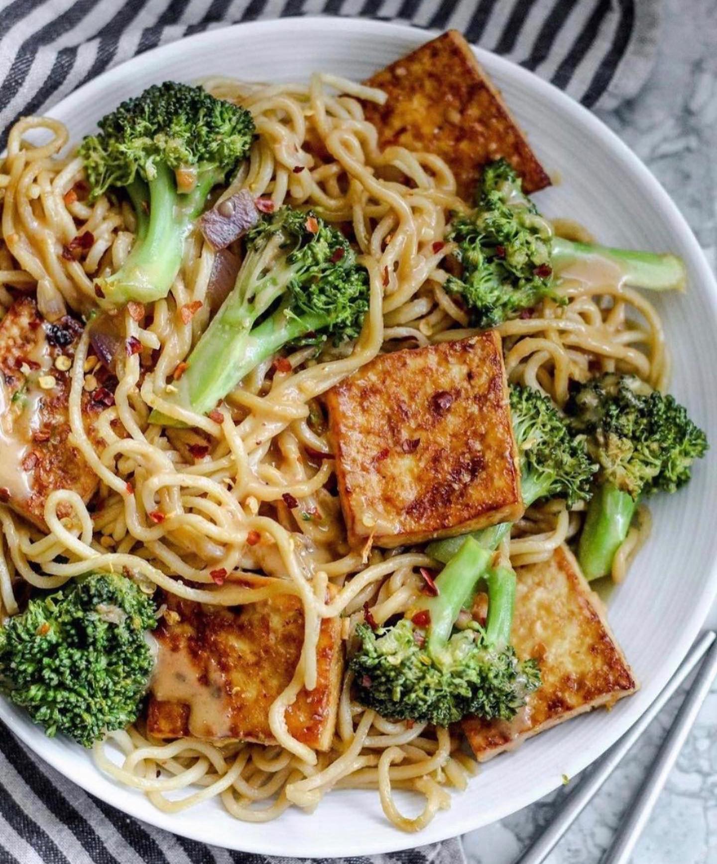 Baked Garlic Chili Tofu Pasta with Peanut Sauce