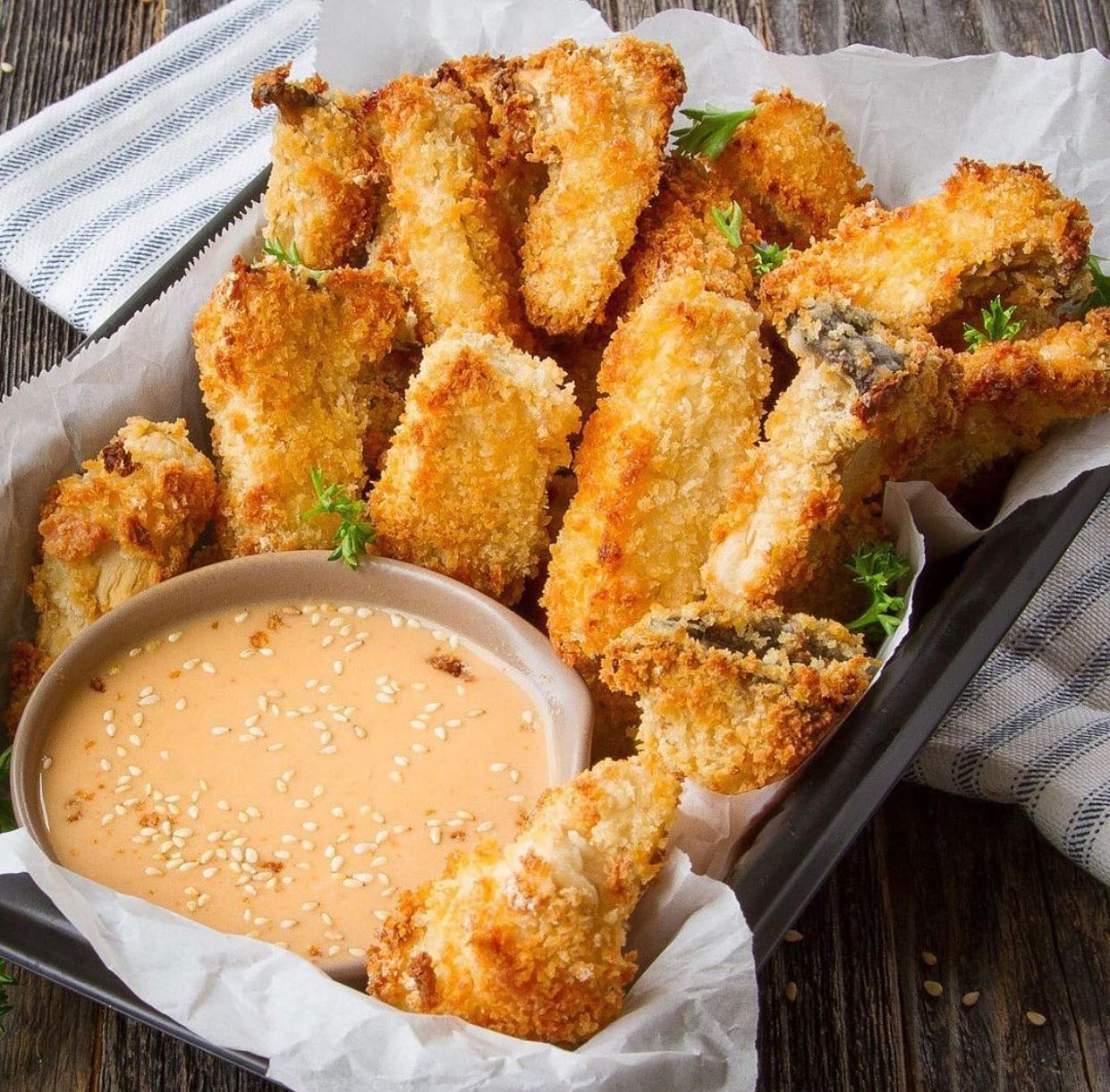 Crispy Oven-Baked Mushrooms with Spicy Tahini Dip