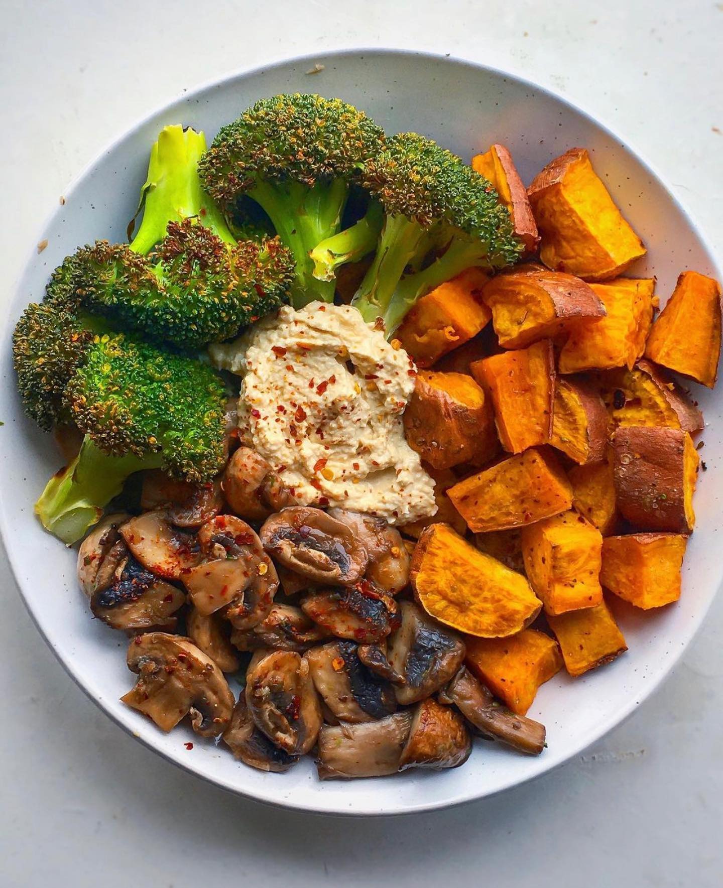 Roasted Sweet Potato and Broccoli with Sautéed Mushrooms and Hummus