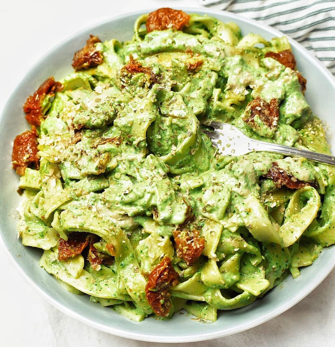 Tagliatelle with Creamy Pesto and Sun-Dried Tomatoes