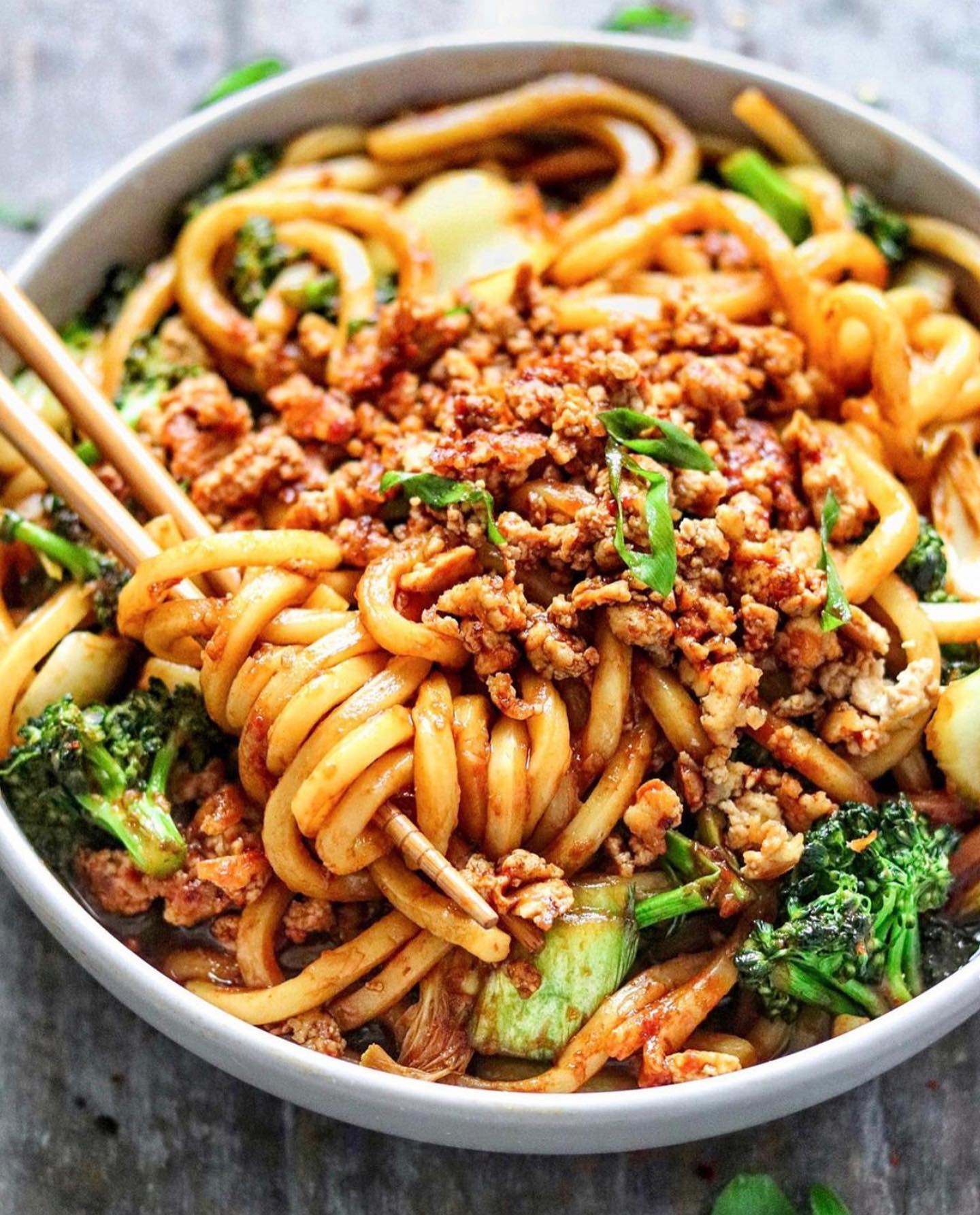 Saucy Udon Noodles with Crispy Tofu Crumbles, Broccoli and Bok Choy
