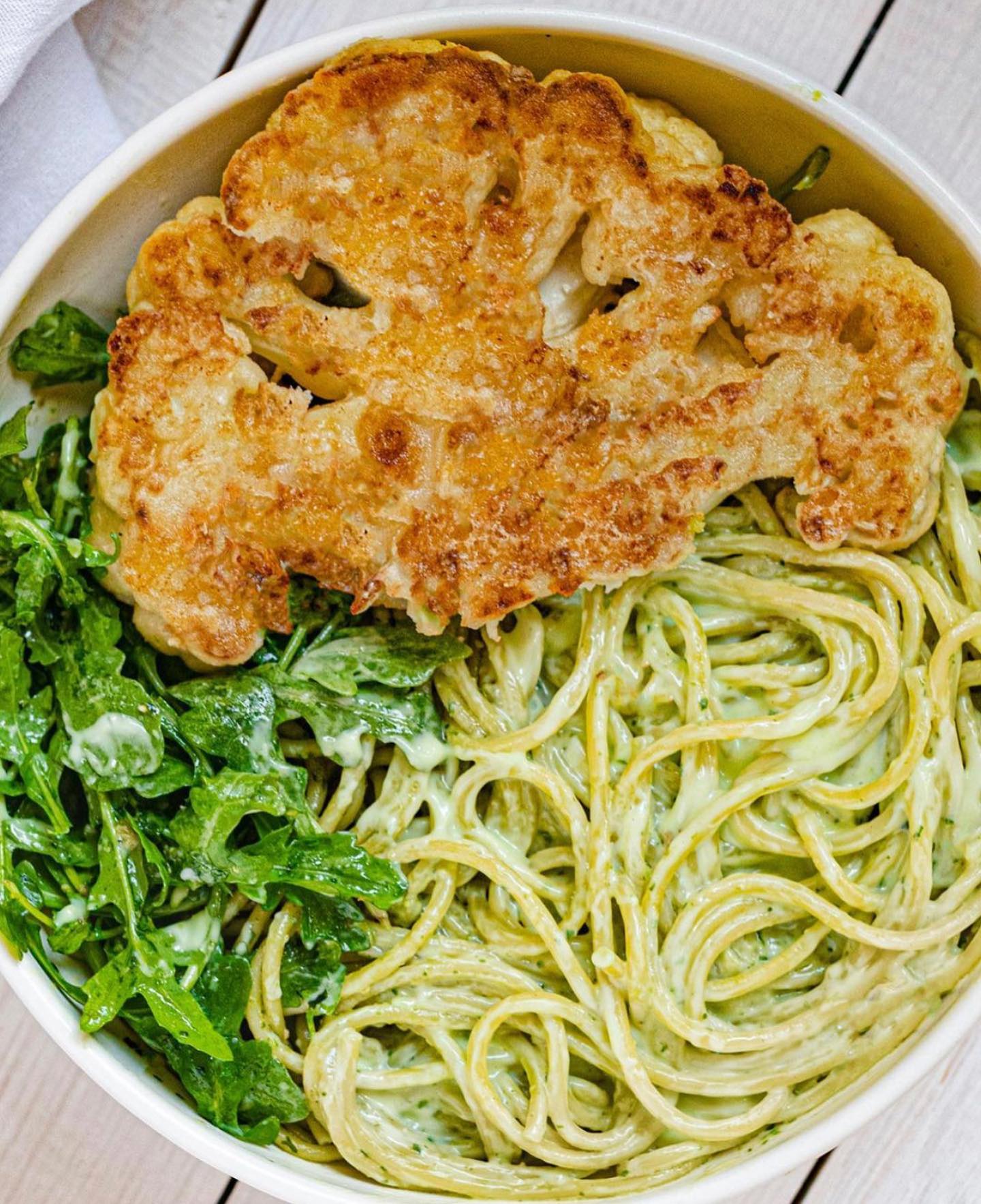 Crispy Cauliflower Steaks with Avocado Pea Pesto