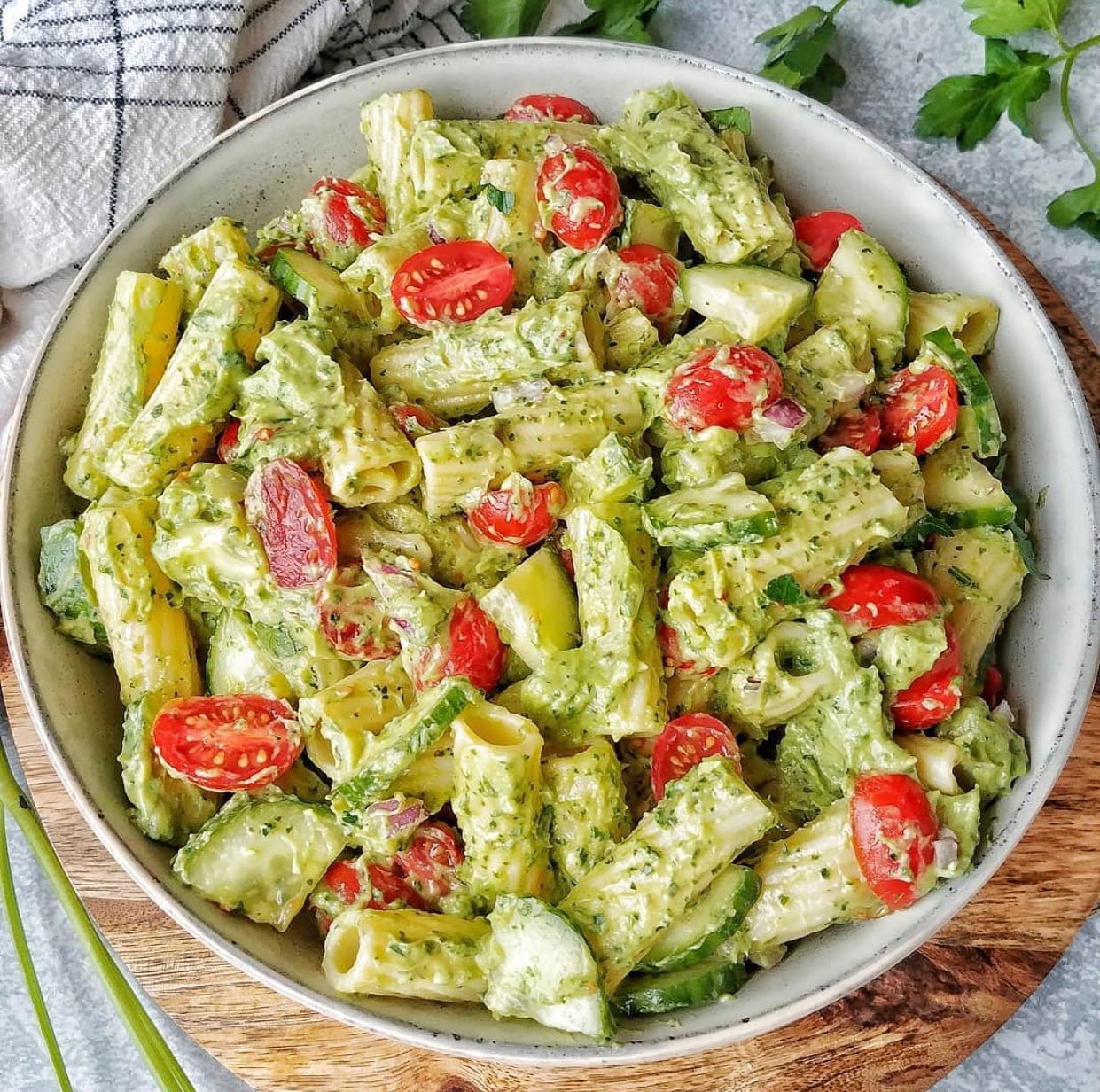 Rigatoni Cucumber Salad with Avocado Pesto