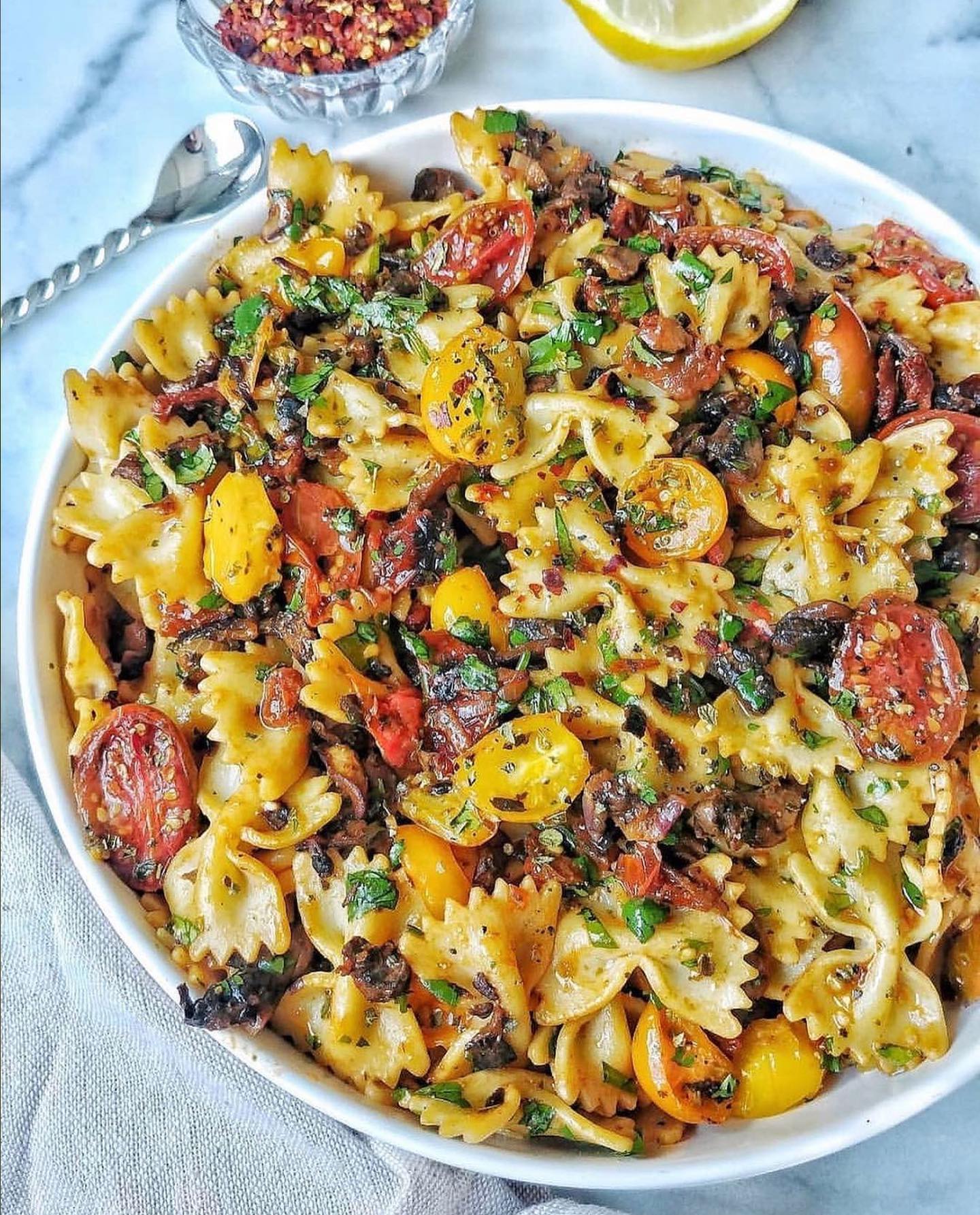 Roasted Tomato Pasta with Mushrooms and Herbs