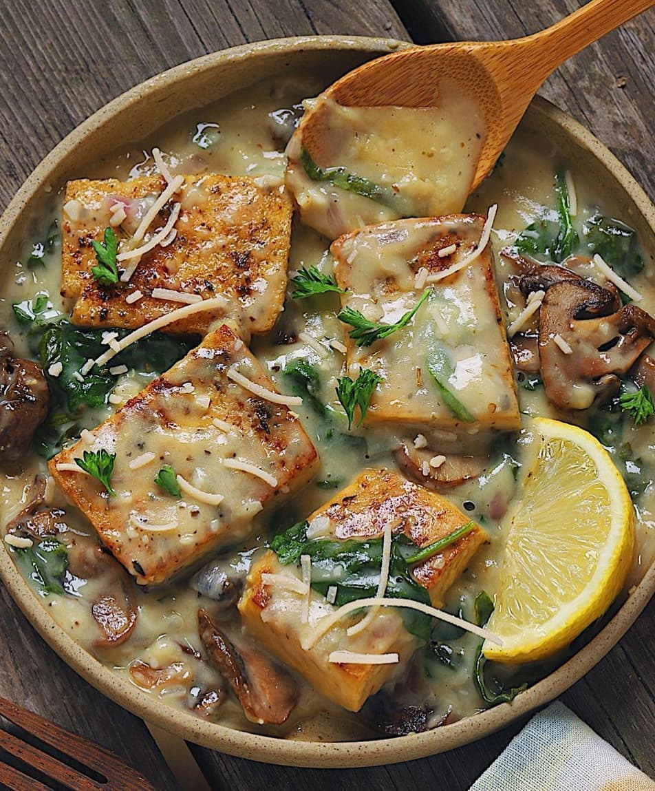 Tofu and Mushroom Cheezy Florentine