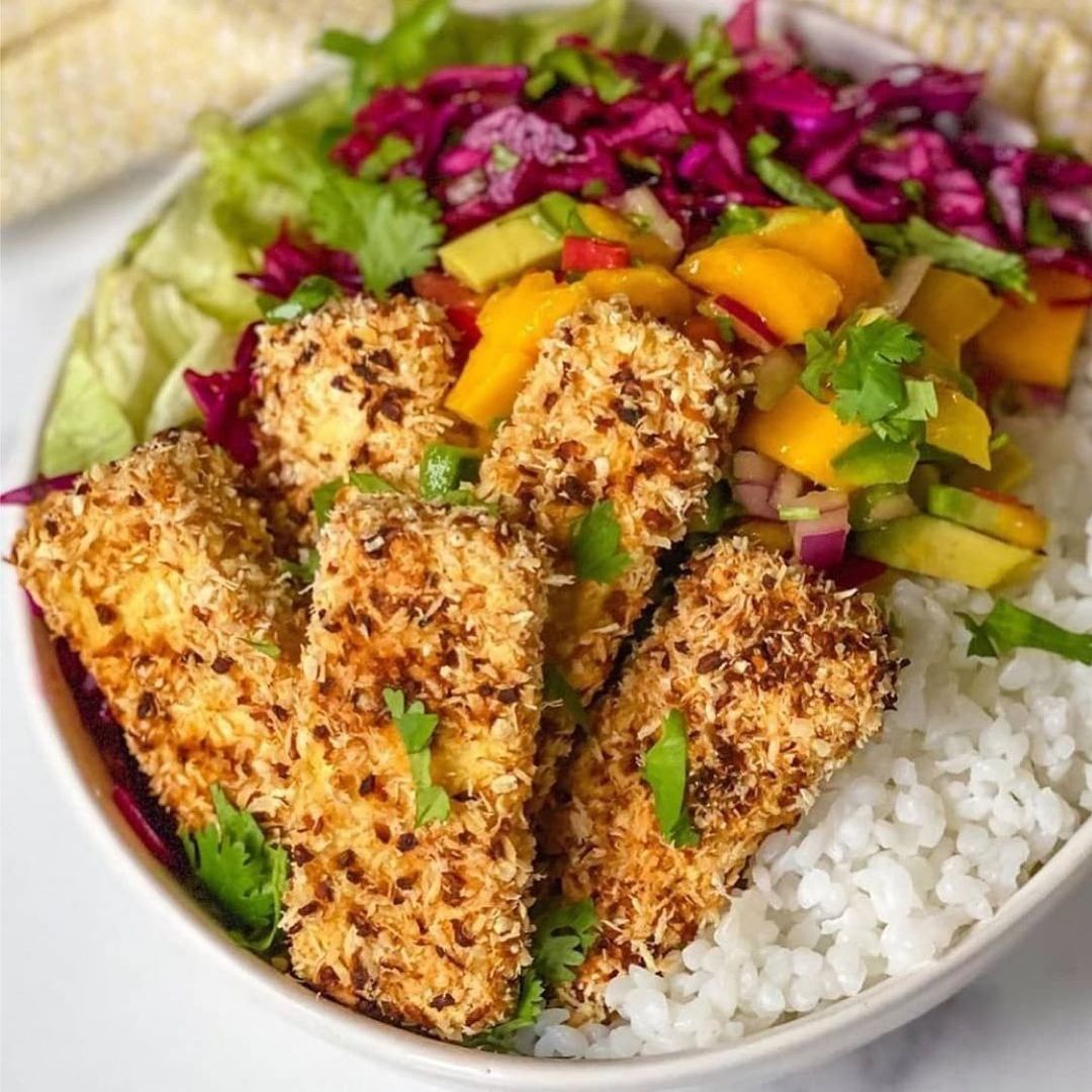 Sweet Chili Coconut Crusted Tofu with Mango Salsa