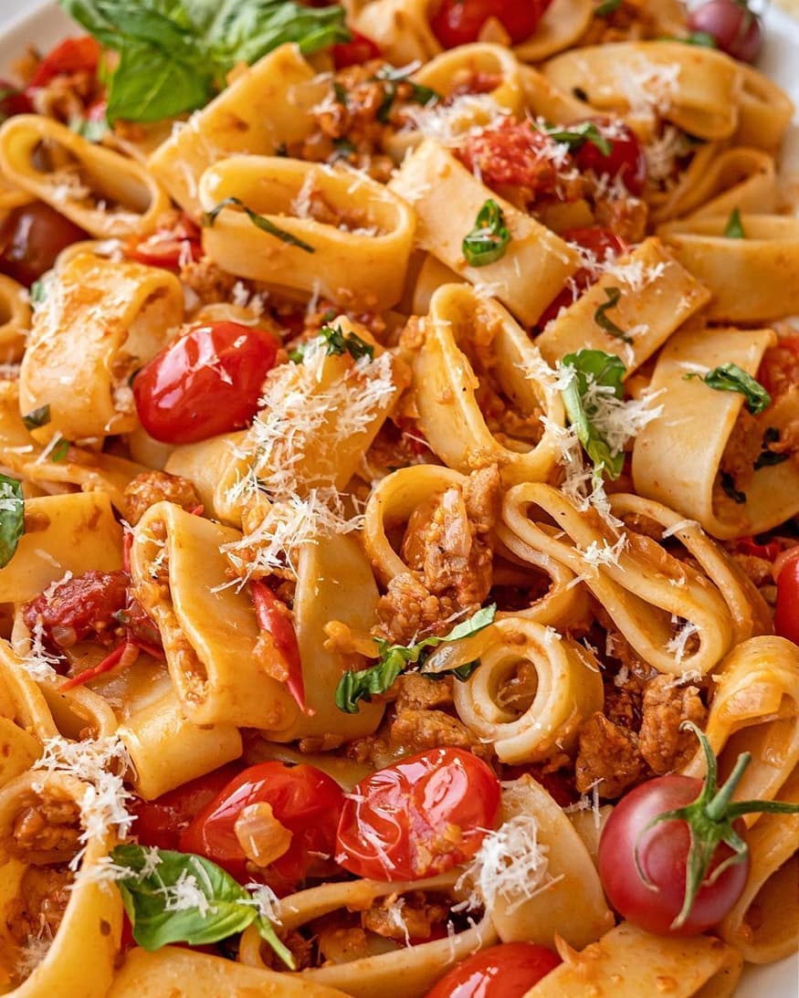 Pasta with Blistered Tomatoes and Vegan Sausage