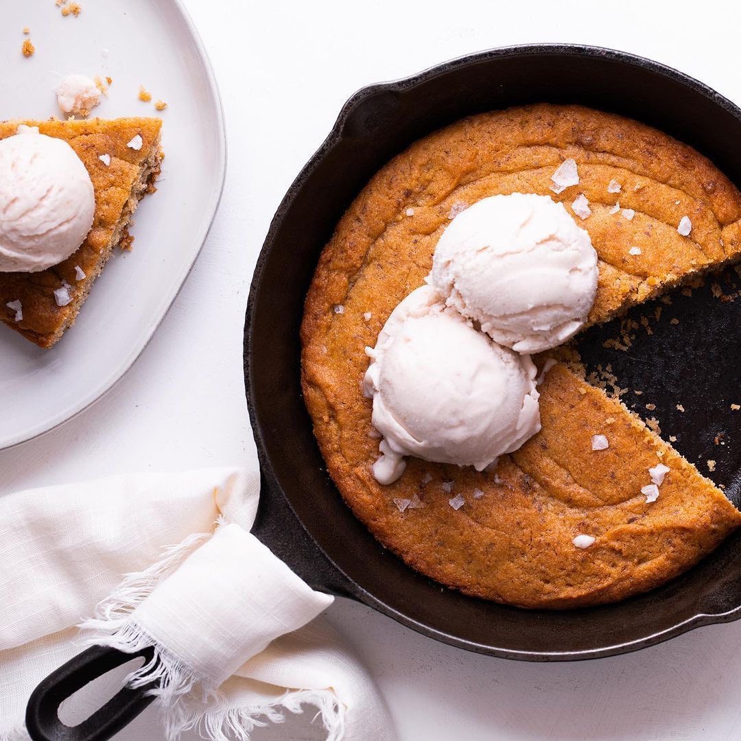 Skillet Tahini Blondie with Vegan Salted Caramel Ice Cream