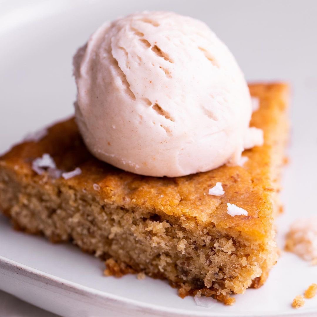 Skillet Tahini Blondie with Vegan Salted Caramel Ice Cream