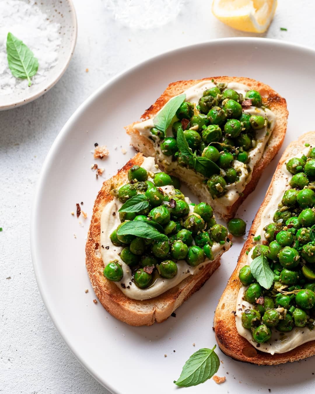 Vegan Pesto Pea Ricotta Toasts