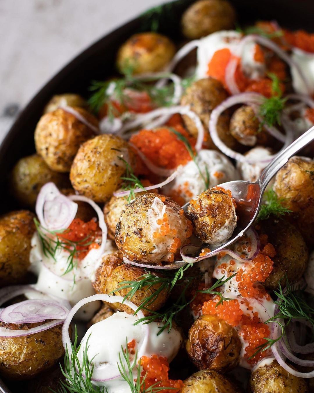 Vegan Buttery Dill Roasted Swedish New Potatoes with Lemony Oat Fraiche, Seaweed Caviar & Red Onions