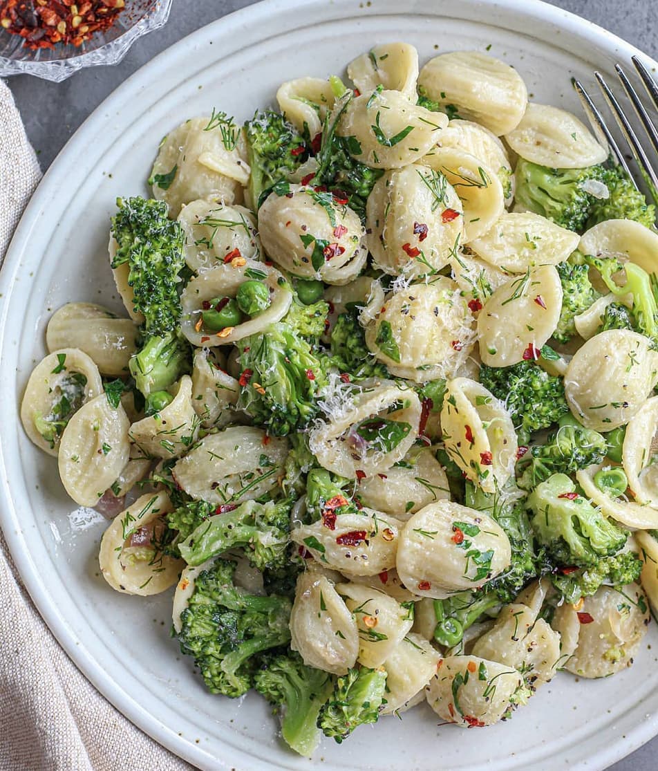 Creamy Orecchiette with Broccoli, Peas and Herbs