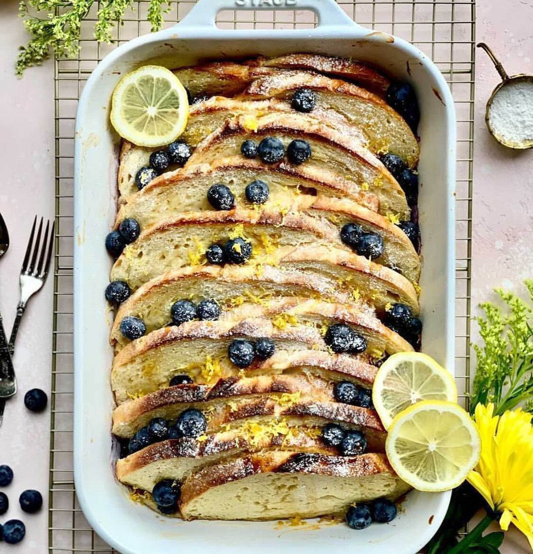Overnight Vegan Lemon Blueberry Baked French Toast