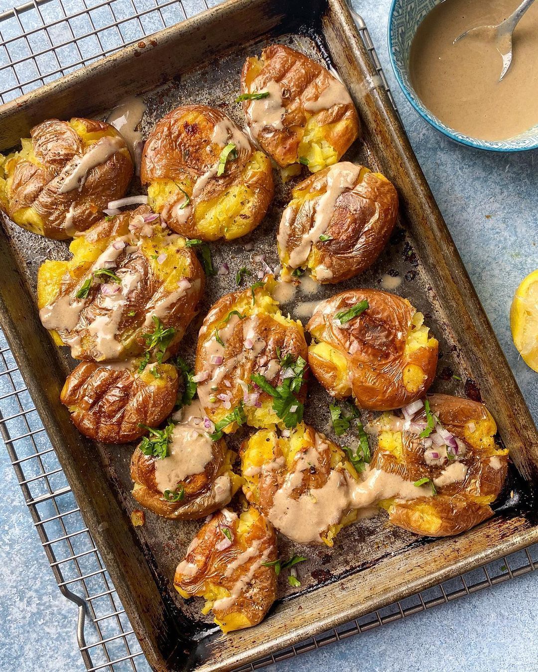 Baked Smashed Potatoes with Lemon and Tahini