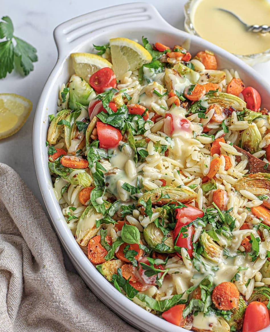 Vegan Orzo Vegetable Salad with Honey Mustard Dressing