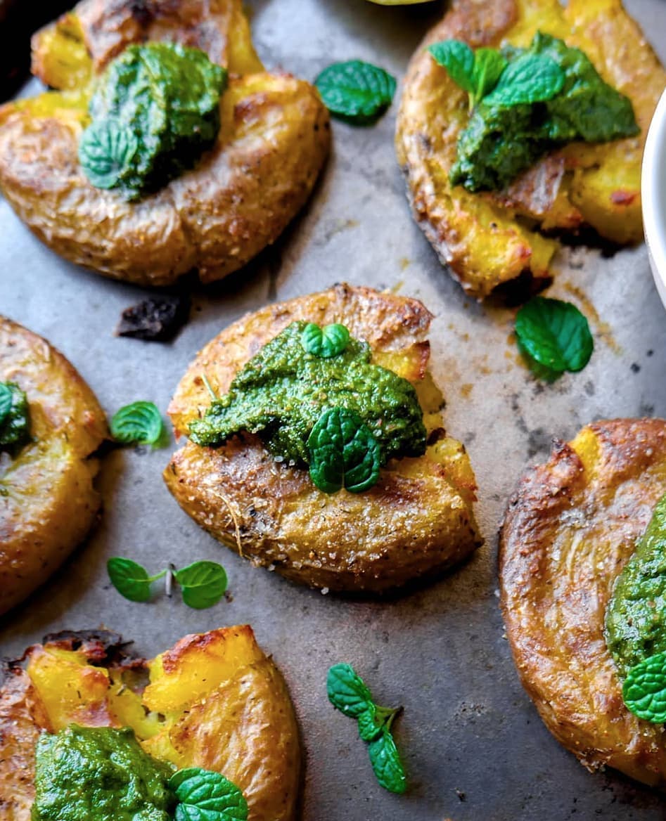 Smashed Potatoes with Vegan Pistachio Thai Basil Pesto