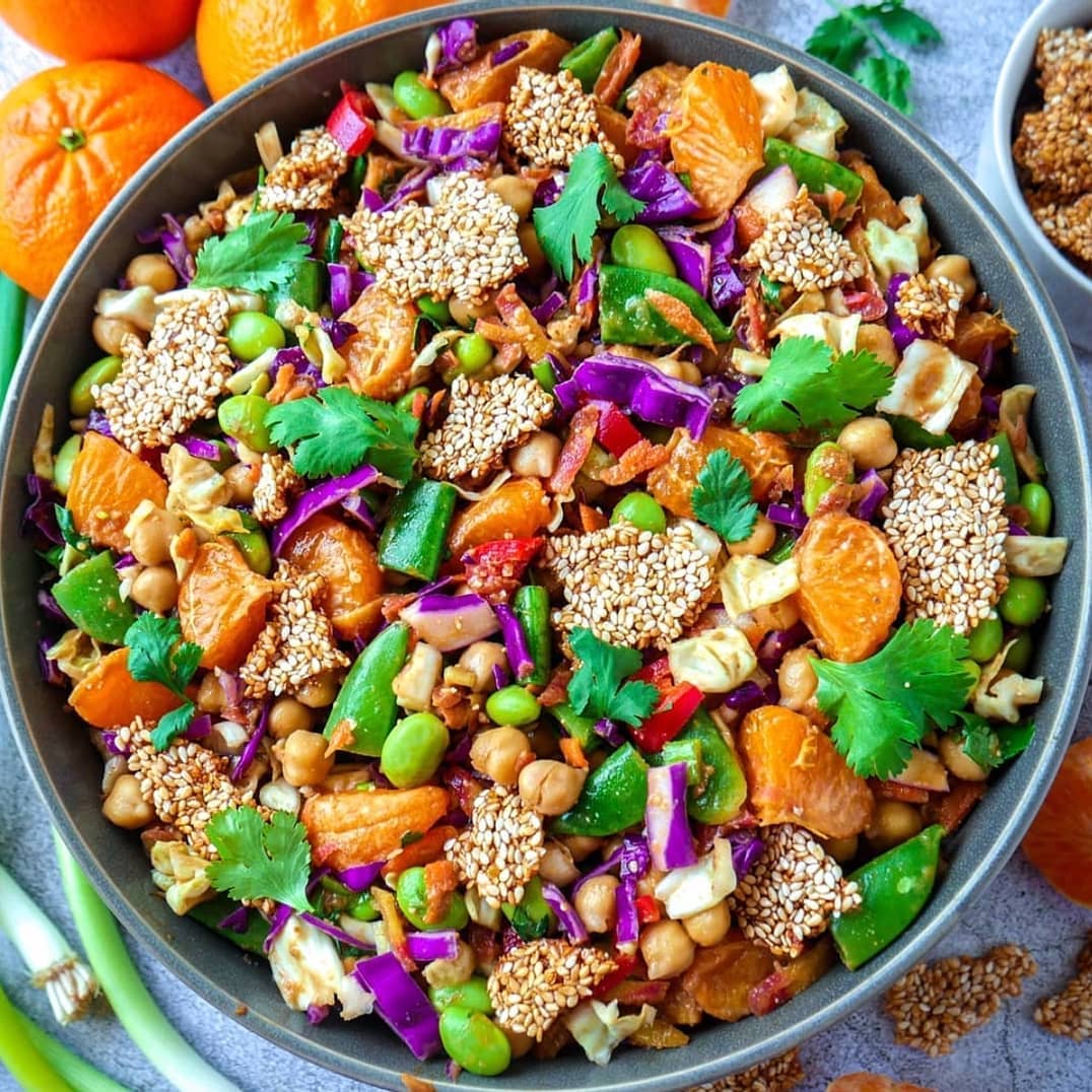 Chickpea Edamame Mandarin Salad with Spicy Peanut Dressing