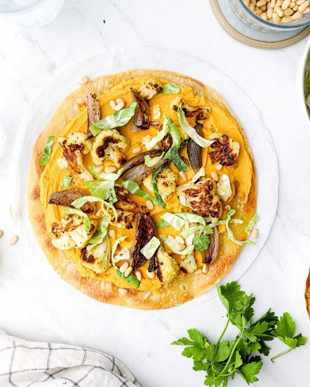 Hummus Tortilla Pizza with Cauliflower and Shallots