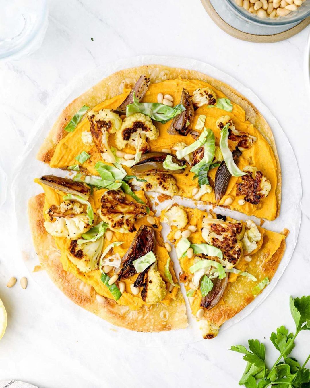 Hummus Tortilla Pizza with Cauliflower and Shallots