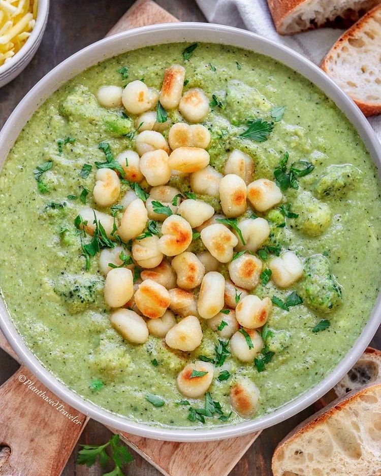 Creamy Broccoli Pesto Soup with Pan Fried Gnocchi