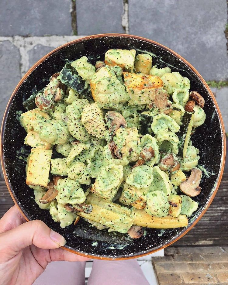 Vegan Pesto Pasta with Roasted Vegetables and Tofu