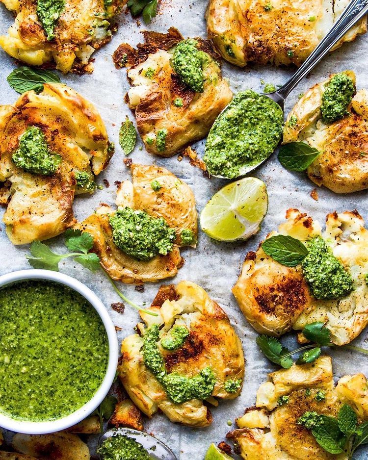 Crispy Smashed Potatoes with Indian Green Chutney