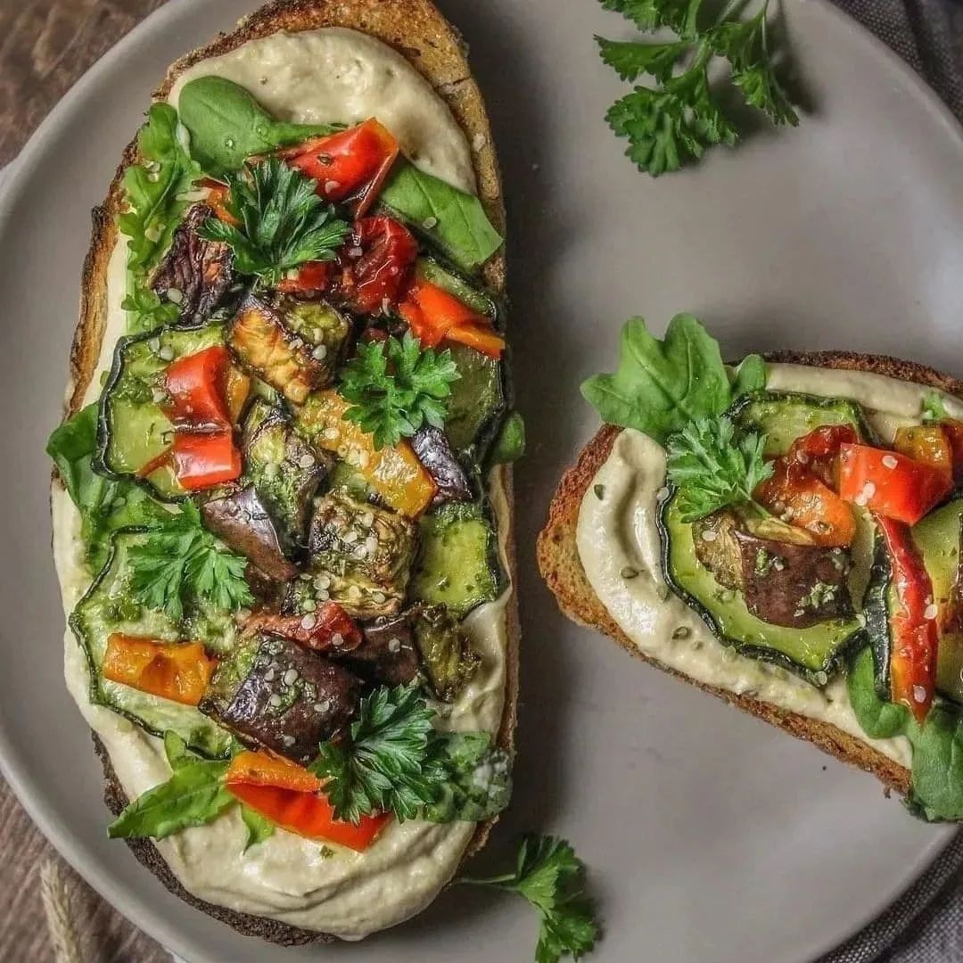 Open-Faced Roasted Veggie Sandwich with Pesto and Cashew Cream