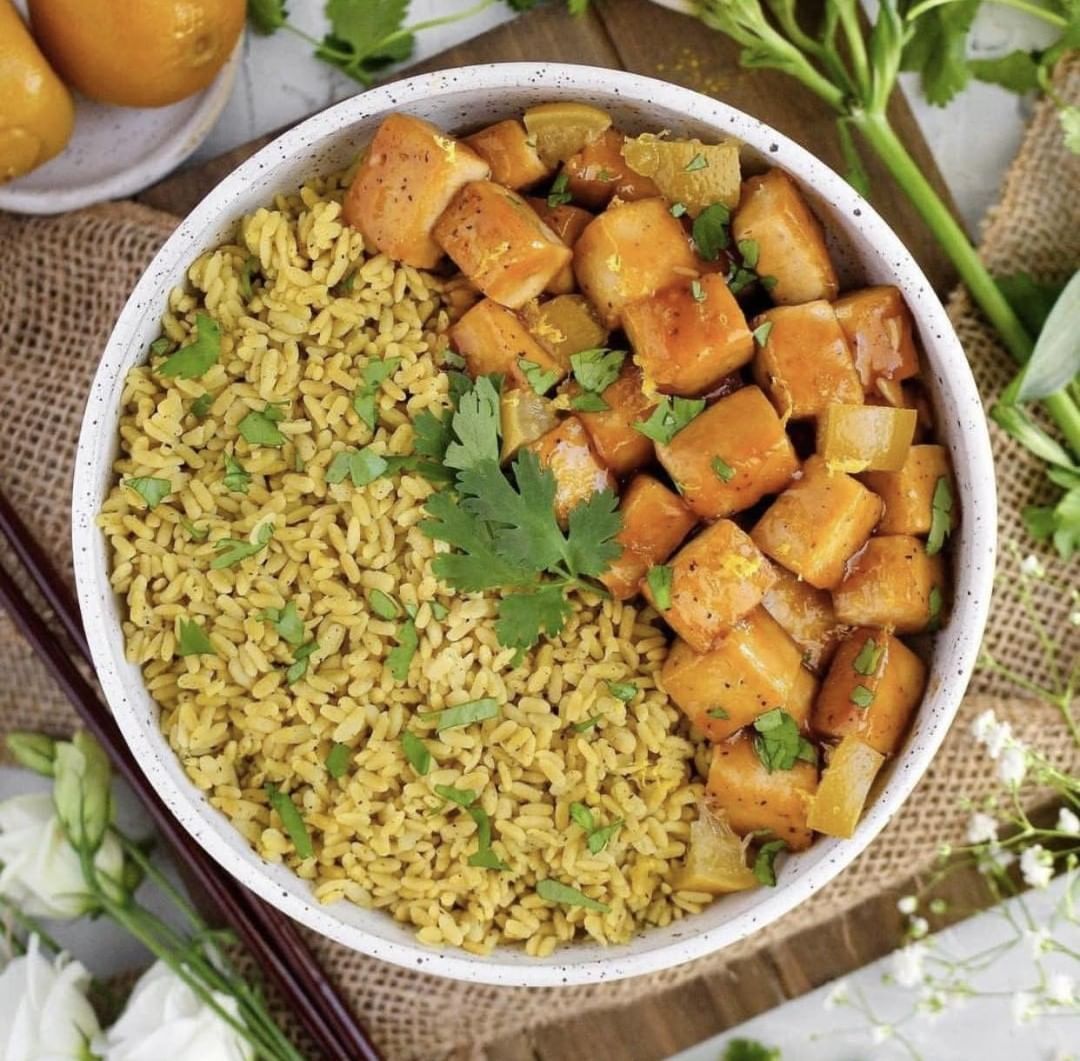 Lemon Glazed Tofu and Lemon Pepper Rice