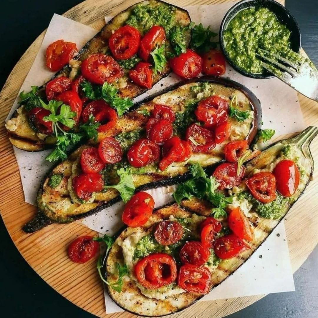 Grilled Eggplant with Pesto and Hummus