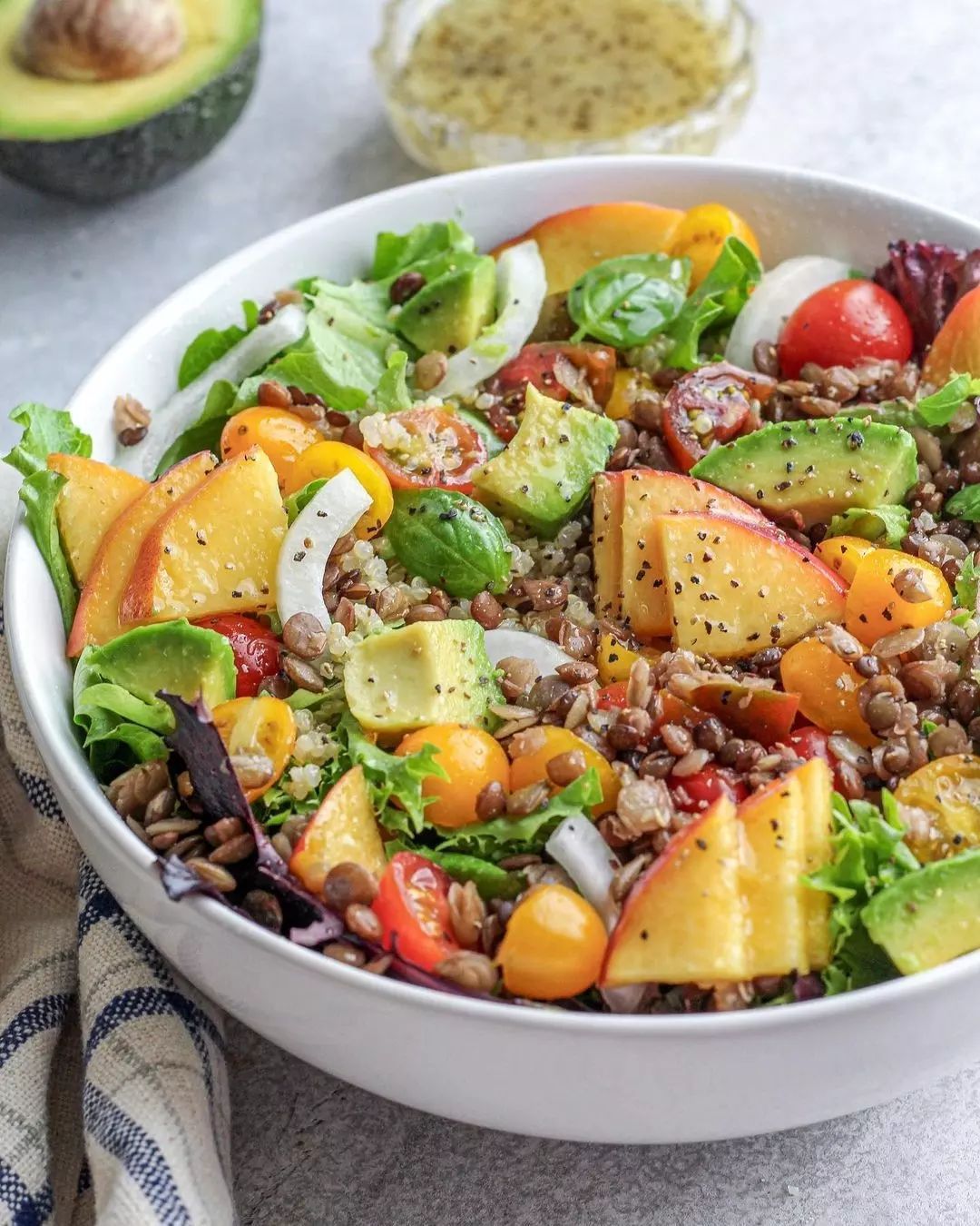 Peach and Avocado Salad with Lentils and Quinoa