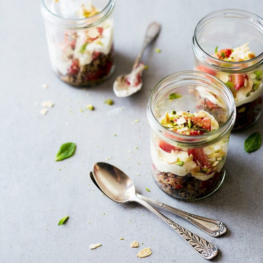 Rosewater and Strawberry Quinoa Pudding with Vanilla Whipped Cream