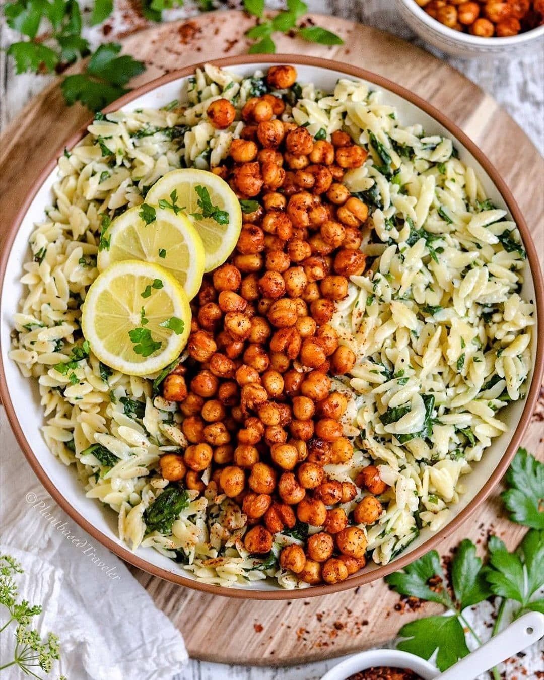 Herby Spinach Feta Orzo with Crispy Harissa Chickpeas