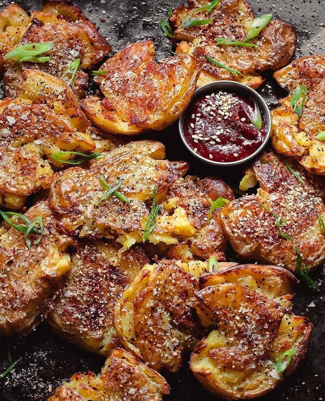Smashed Sesame Potatoes with Gochujang Dipping Sauce
