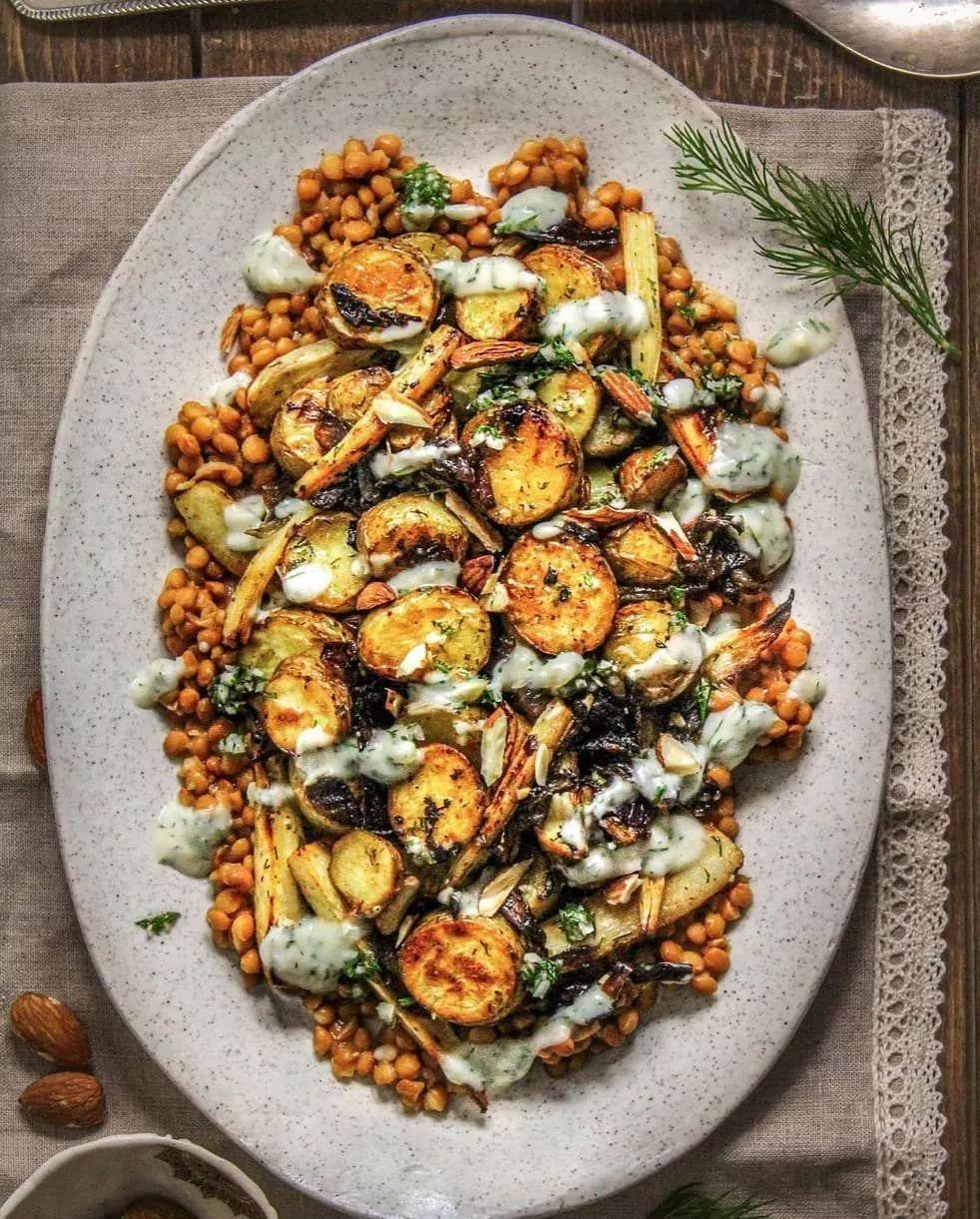 Roasted Vegetables with Lentils and Lemon Dill Dressing