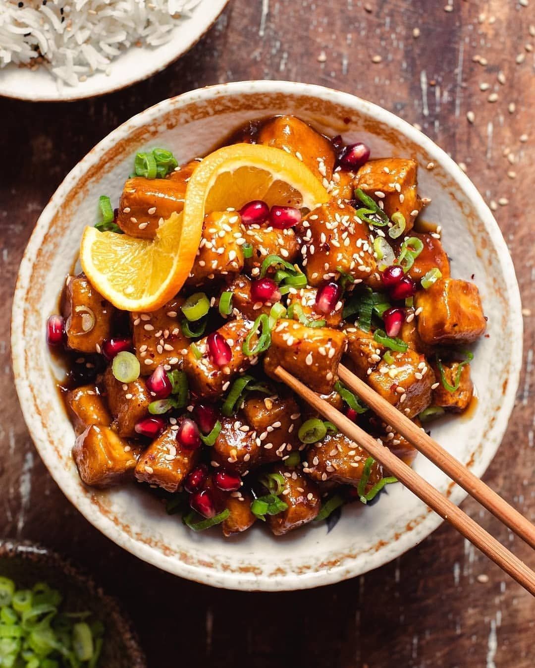 Sticky Sweet and Sour Pomegranate Orange Crispy Tofu